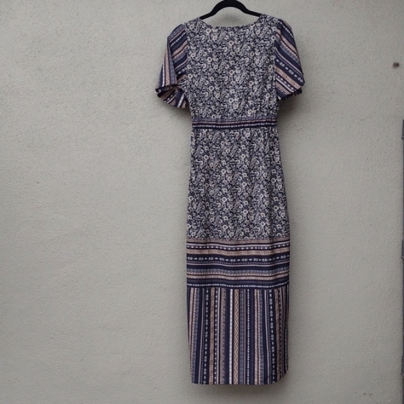 Polagram Navy Tan Floral and Striped Maxi Dress S - Picture 2 of 9